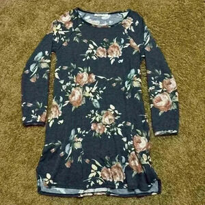 Lela Sky Women’s Floral Long Sleeve Tunic Dress Charcoal Rose Print Soft Knit, L